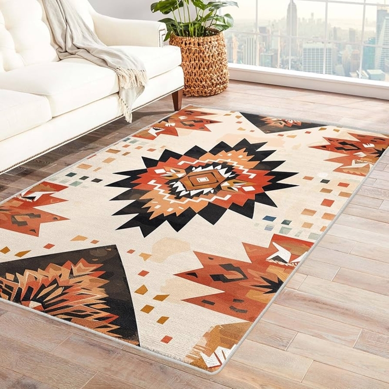Area Rug with Terracotta Sunburst Medallion and Bound Edges