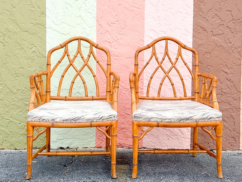 Arm Chair Pair Set Faux Bamboo Lattice Back Coastal Chic Honey Brown