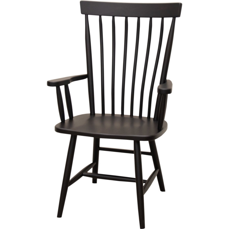 Arm Dining Chair in Matte Black Finish with Maple Wood Spindle Back.
