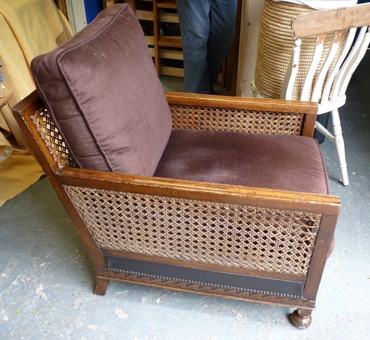Armchair Chocolate Brown Woven Rattan Panels Carved Base Rail
