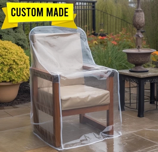 Armchair Cover Clear Vinyl Custom Fit with White Piping Trim