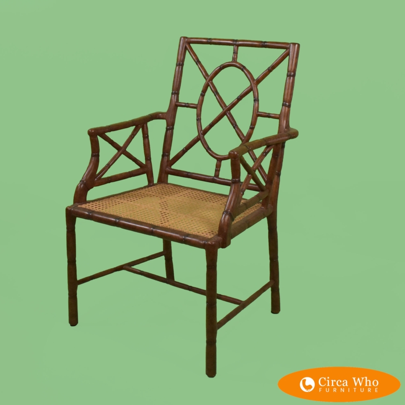 Armchair Faux Bamboo Frame Woven Cane Seat Oval Medallion Back