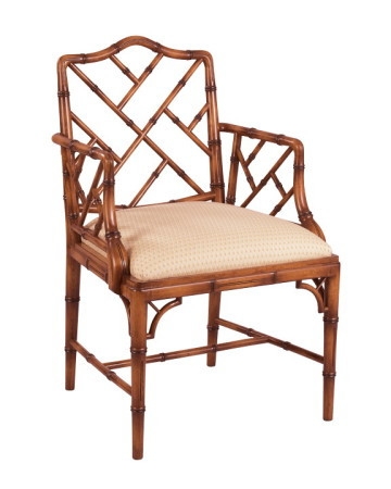 Armchair Faux Bamboo Joints Lattice Back Antique Stain Warm Brown Finish