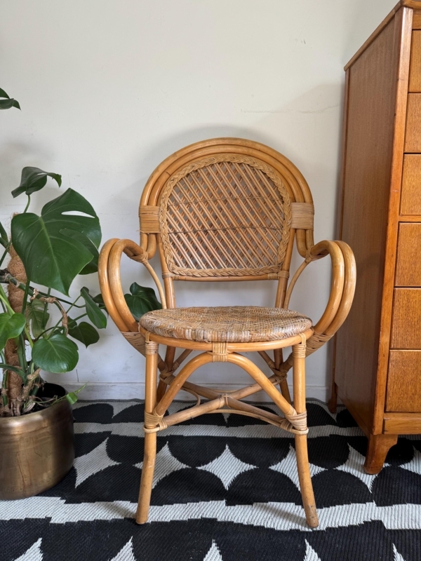 Armchair Lattice Weave Back Looped Armrests Mid Century Cane