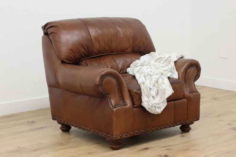 Armchair Oversized Back Nailhead Trim Cognac Leather-Like; Vintage Style