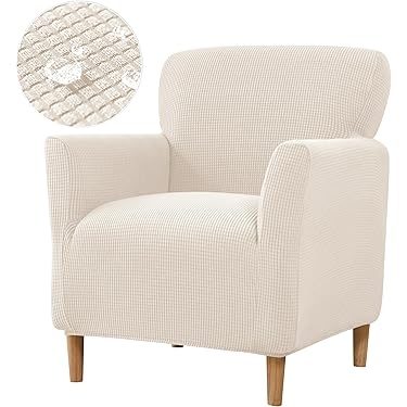 Armchair Slipcover Water Resistant Waffle Knit Cream Form Fitting
