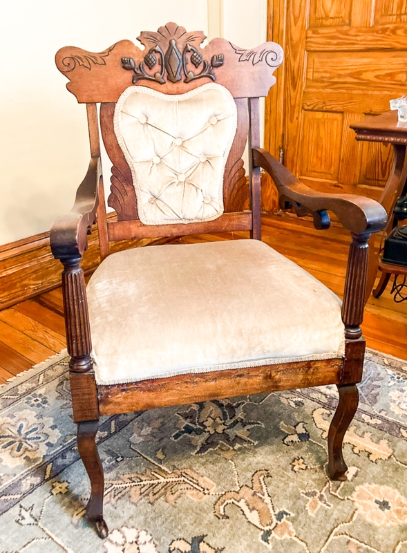 Armchair Victorian Style with Diamond Tufting and Carved Crest Rail