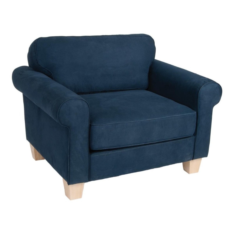 Armchair with rolled arms and navy fabric; navy blue classroom chair.