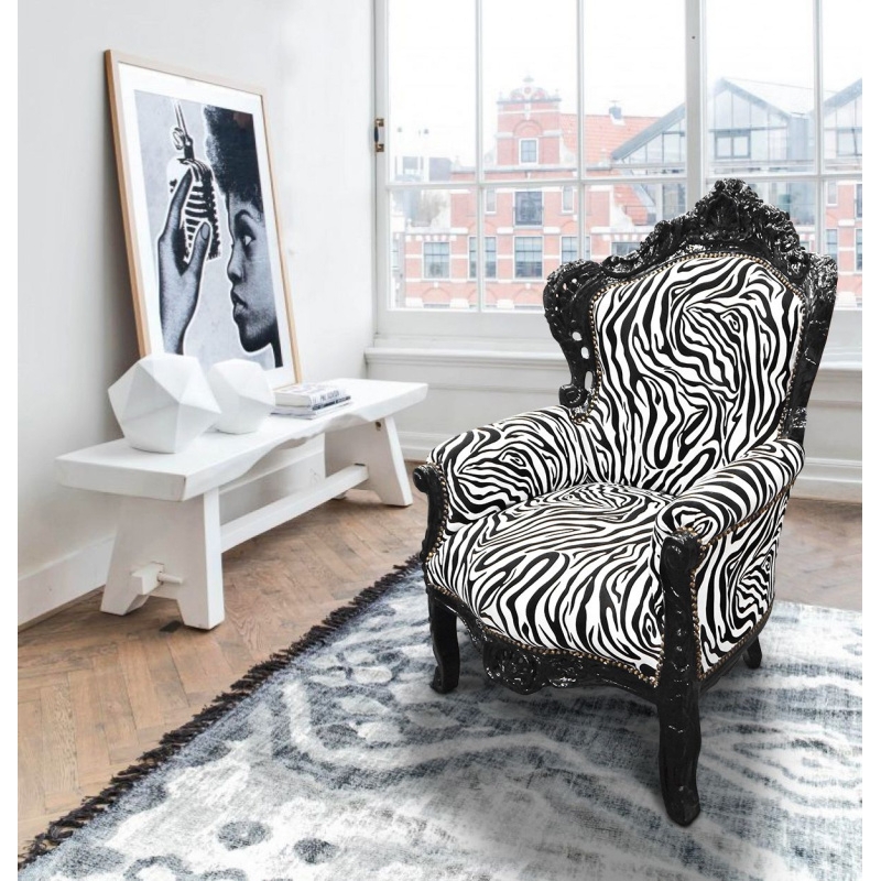 Armchair Zebra Print Black Lacquer Ornate Carvings; Maximalist Statement