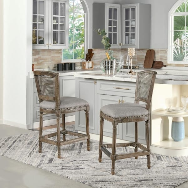 Armless Bar Stool: Woven Rattan Back Heathered Grey Nailhead Trim