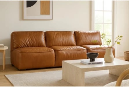 Armless Sofa, Armless Honey Leather Sofa, Blocky Silhouette