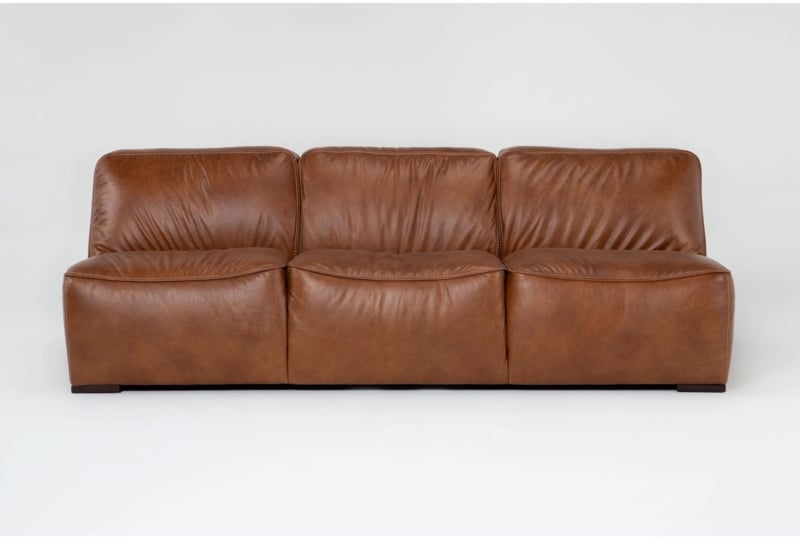 Armless Sofa, Honey Brown Leather, Relaxed Cushioning