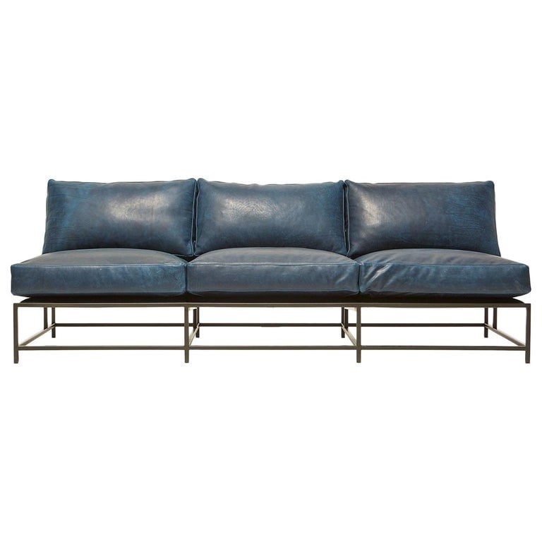 Armless Sofa, Navy Leather Armless Sofa, Blackened Steel Frame