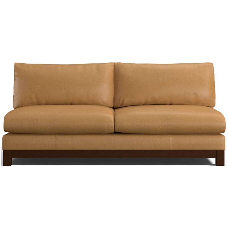 Armless Sofa, Tan Leather Armless Sofa, Espresso Platform Base