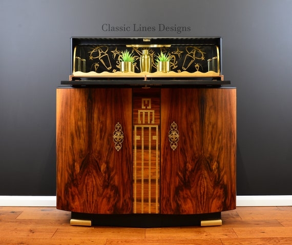 Art Deco Cocktail Cabinet Walnut with Skyscraper Geometric Inlay