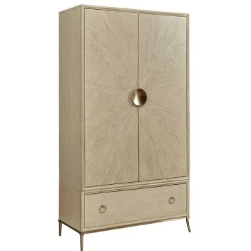 Art Deco Inspired Armoire featuring Sunburst Veneer and Tapered Metal Legs.