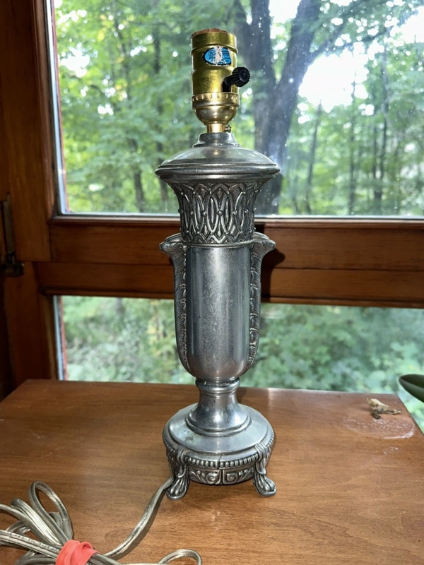 Art Deco Pewter Lamp with Ornate Lattice Neck