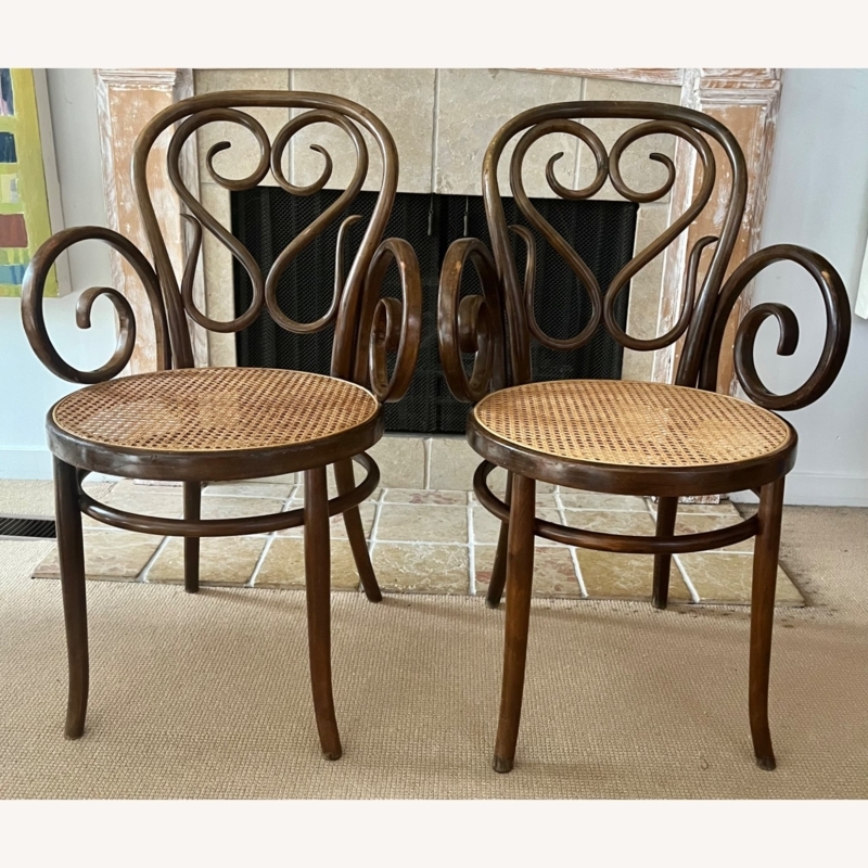 Art Nouveau Bentwood Armchair: Scrollwork Back, Curled Arms, Cane Seat
