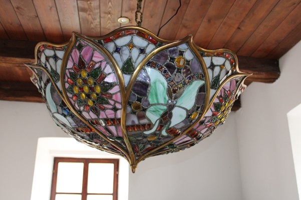 Art Nouveau Butterfly Motif Chandelier with Scalloped Brass Rim