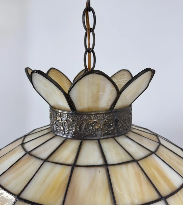 Art Nouveau Pendant Light with Lotus Crown and Embossed Metal Band