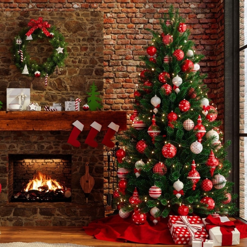 Artificial Christmas Tree: Red White Theme, Rustic Brick Fireplace Decor