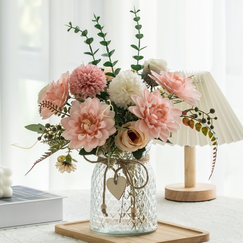 Artificial Floral Arrangement Diamond Glass Vase Wooden Heart Charm Cottagecore Table Decor