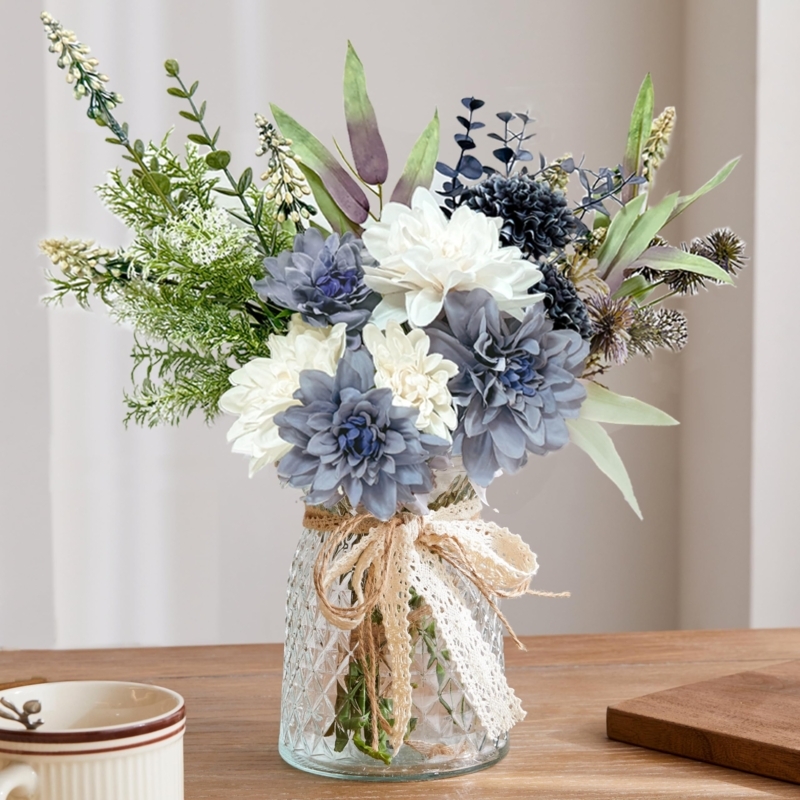 Artificial Floral Arrangement Dusty Blue Dahlias Lace Ribbon Tie Textured Glass