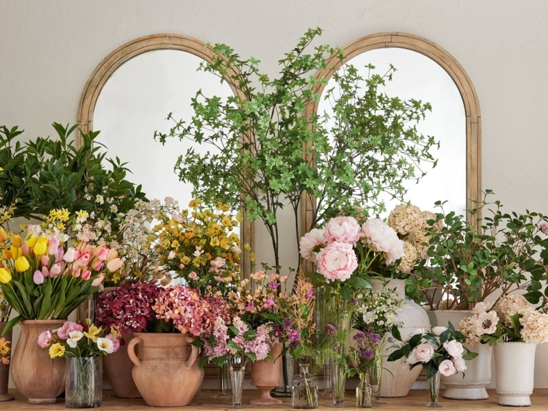 Artificial Floral Arrangement in Terracotta Vessels Arched Mirrors