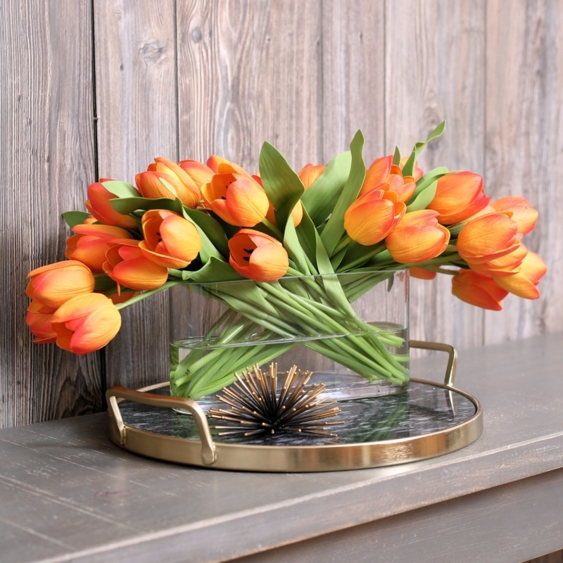 Artificial Floral Arrangement, Rectangular Glass Vase, Gold Marble Tray