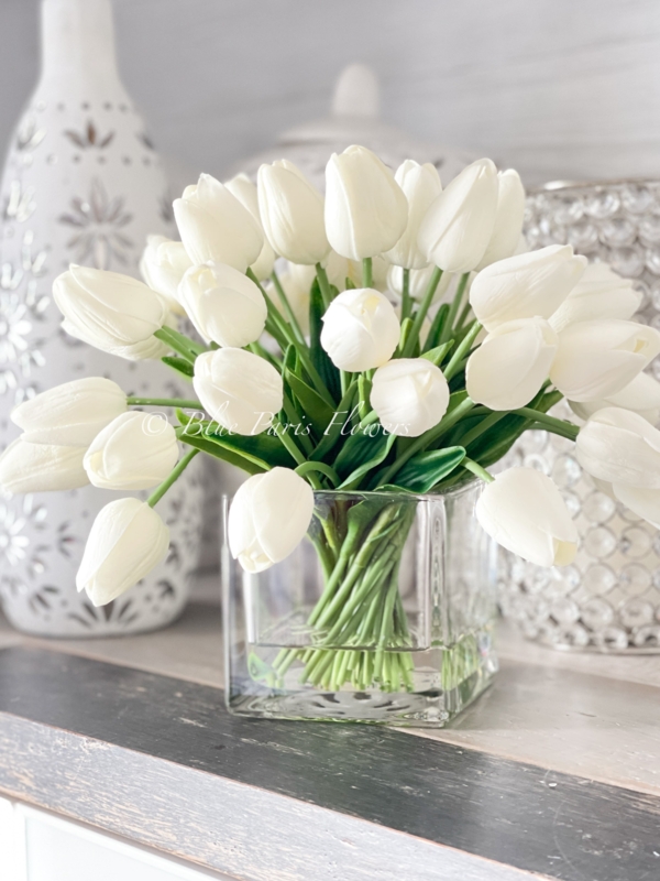 Artificial Floral Arrangement, Square Glass Vessel, Faux Water, White