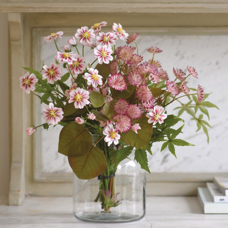 Artificial Flower Arrangement Pink Cosmos Blooms Cylindrical Glass Vase RusticStyle