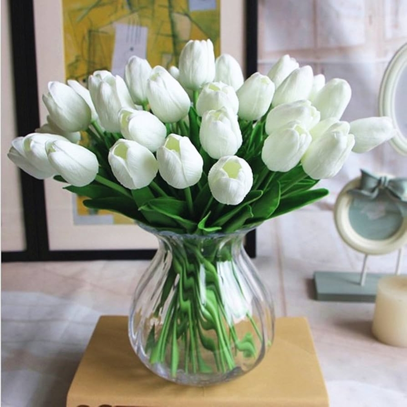 Artificial Flowers, Ribbed Glass Vase, Fluted Neck, White Tulip Bouquet