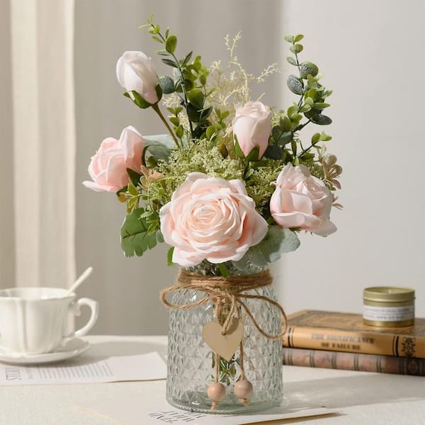 Artificial Rose Arrangement Light Pink Silk Wooden Beads Textured Glass Rustic Chic