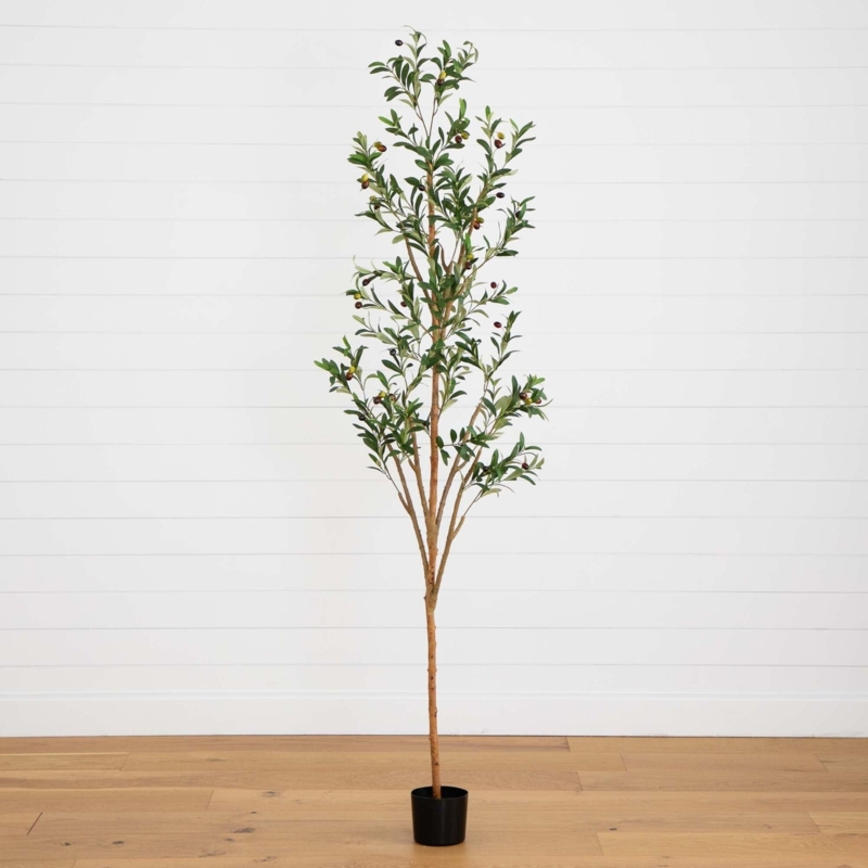Artificial Tree Slender Trunk Silvery Green Leaves Black Olives