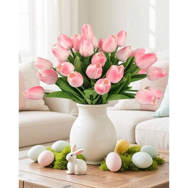 Artificial Tulips, Peach Pink Hue, Glossy Ceramic Vase, Spring Theme