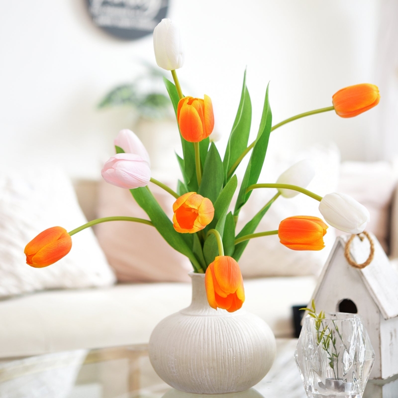 Artificial Tulips, Ribbed White Vase, Vibrant Orange Petals, Long Stems