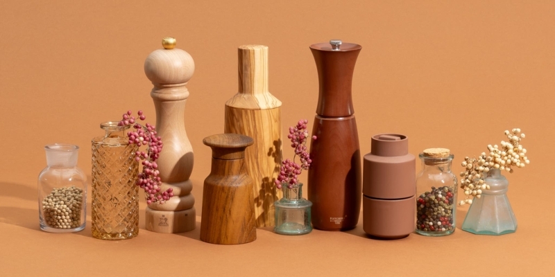 Artisan Pepper Mill Collection: Textured Glass & Varied Wood Grains