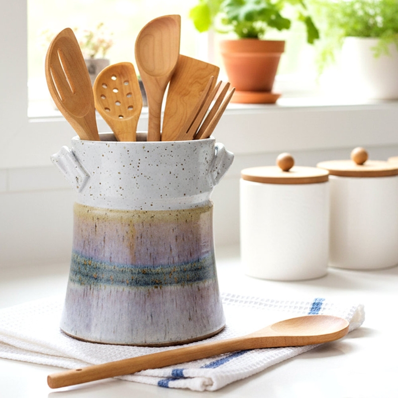Artisanal Pottery Crock, Speckled White with Lavender Blue Glaze