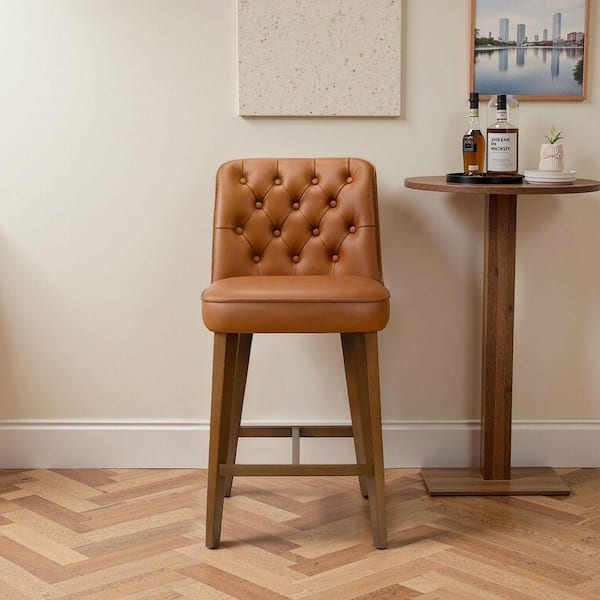 Ashcroft Furniture Co Plano Cognac Vegan Leather Comfortable Counter Stool  with Solid Wood Legs HMD41001501 - The Home Depot