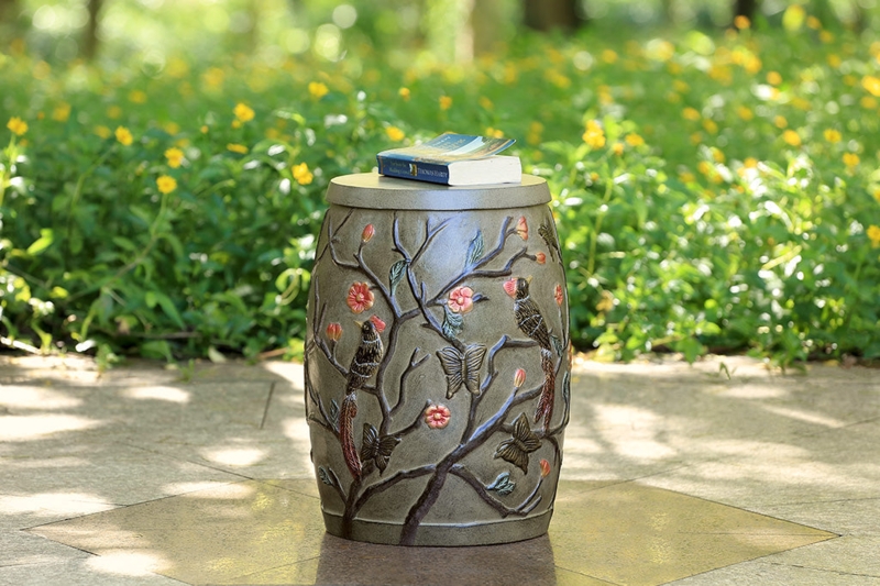 Asian Garden Stool with Stone Grey Finish and Embossed Birds