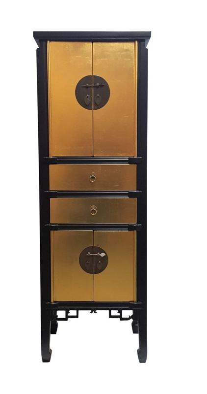 Asian Gold Leaf Tall Cabinet with Black Lacquer