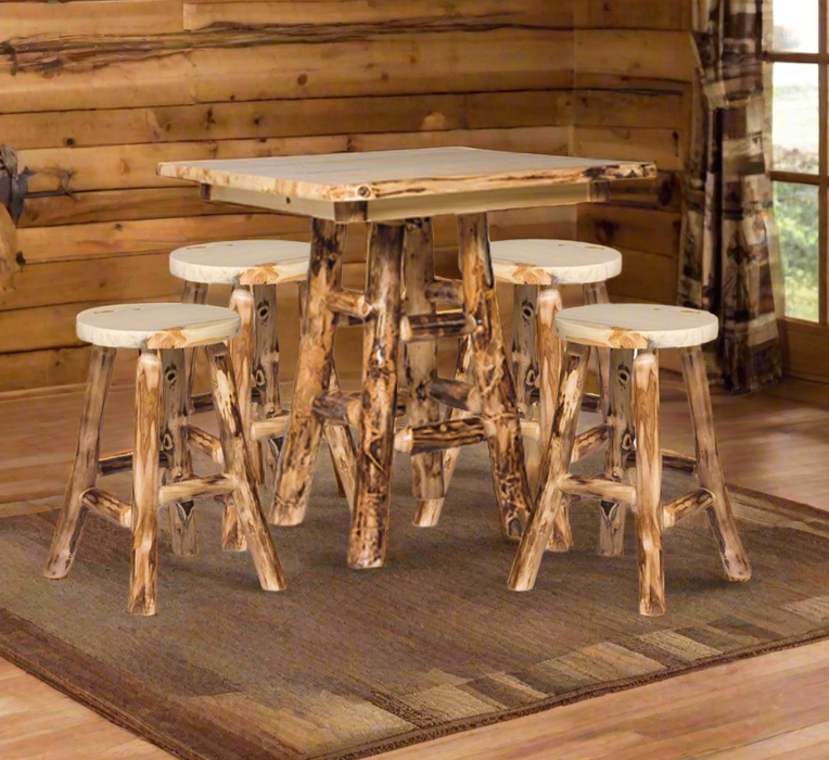 Aspen Log Pub Set Backless Stools with Unique Log Cross-Bracing