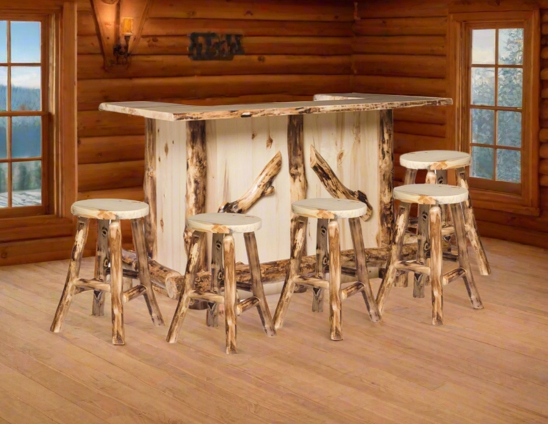 Aspen Wood Home Bar Set featuring Live-Edge Top and Bark-On Logs