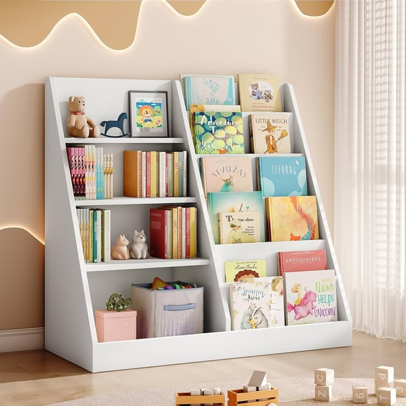 Asymmetric Toddler Bookshelf with Mixed Front Facing Racks