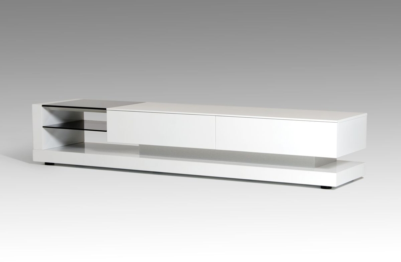 Asymmetrical Media Console: Glossy Finish with Dark Glass Shelving.