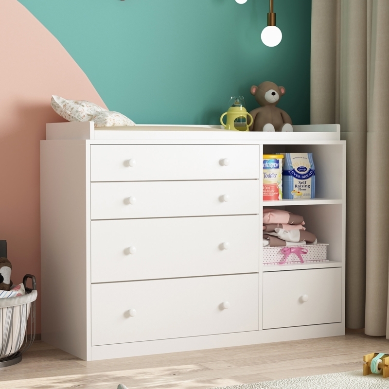 Asymmetrical Storage Nursery Chest with Small Side Drawer, White Finish.