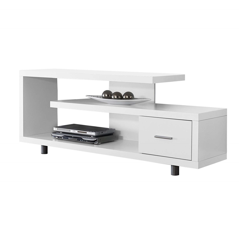 Asymmetrical TV Stand: Cantilevered Top with Open Tiered Shelving.