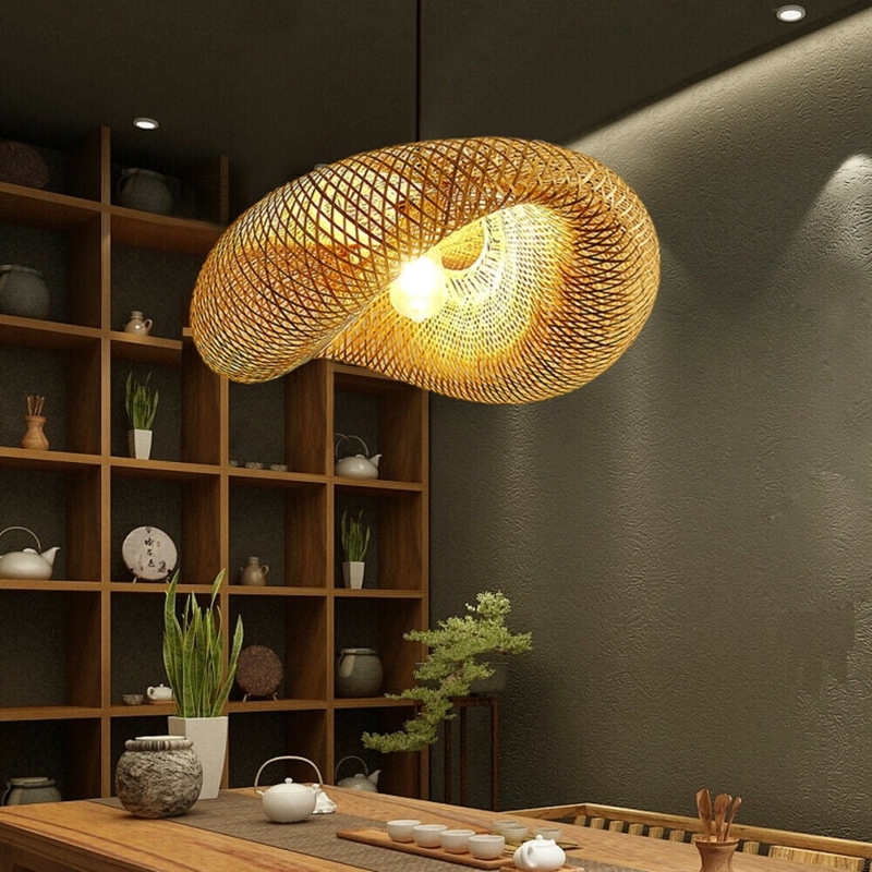 Asymmetrical Woven Pendant Light Organic Wabi Sabi Bamboo