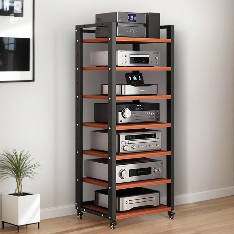Audio Rack 7-Tier Height Swivel Casters Adjustable Hifi Component Stand