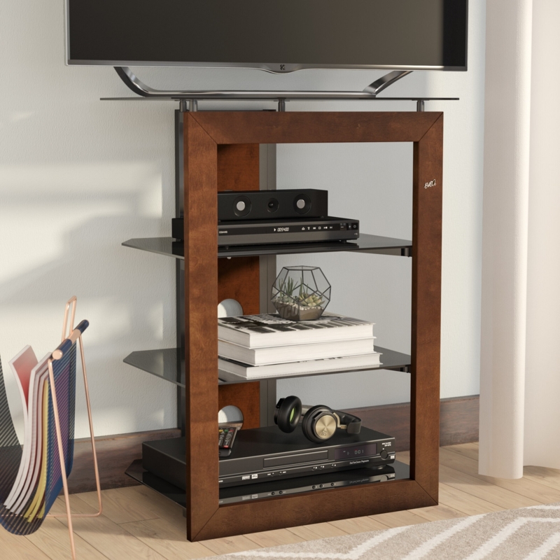 Audio Rack Wood Frame Border Smoky Glass Shelves Walnut Media Stand